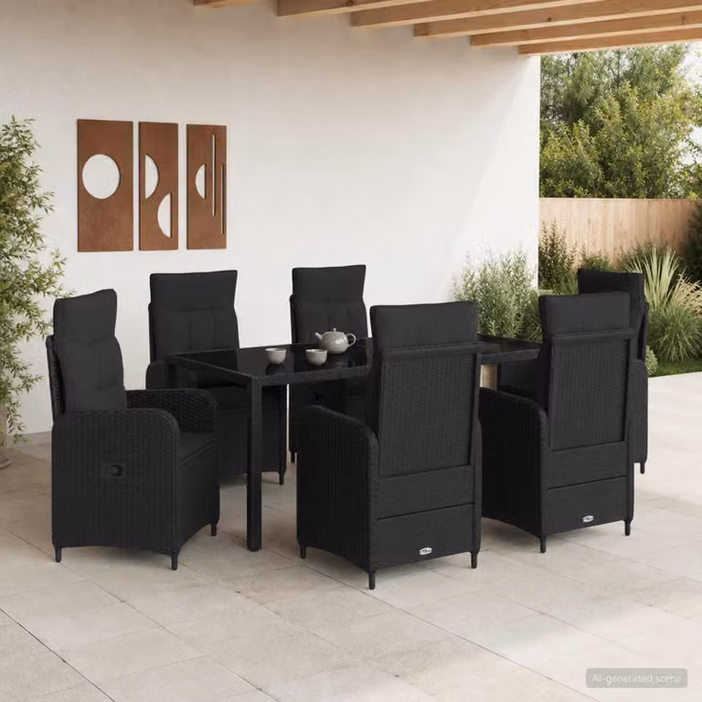 Set da pranzo per esterni vidaXL in polyrattan nero con tavolo rettangolare in vetro e 6 sedie