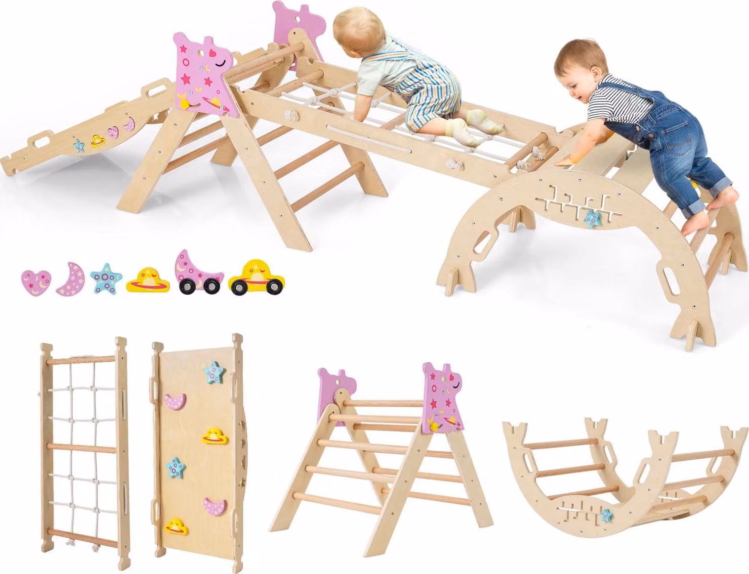 COSTWAY: set di 4 strutture da arrampicata per interni, triangolo pieghevole con scivolo, arco di arrampicata, rete, rampa bifacciale, set di mattoncini e 2 macchinine per bambini da 1+