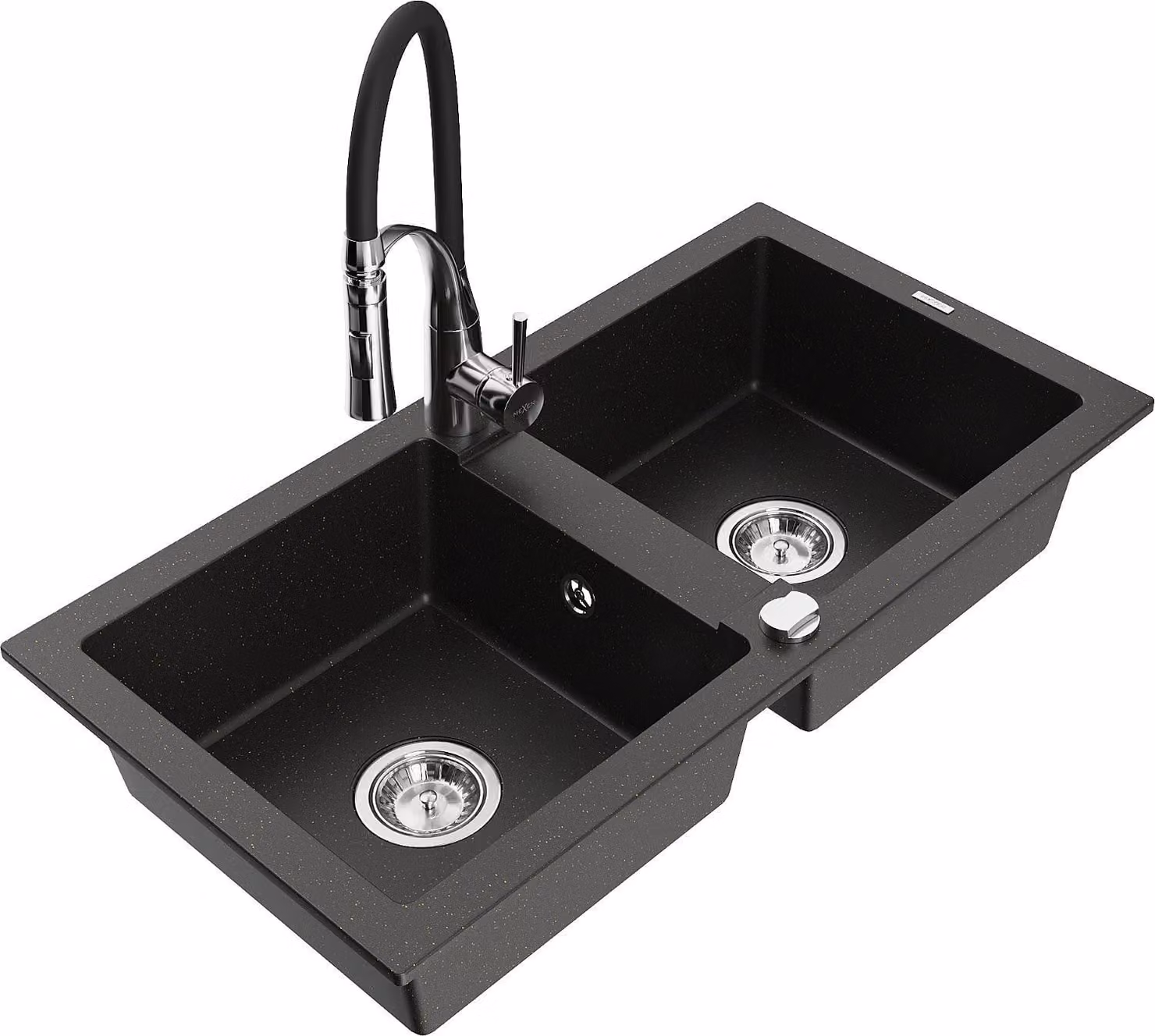 Mexen Mario lavello in granito a 2 vasche con rubinetto da cucina Aster, nero/oro metallico - 6504-75-73450-07