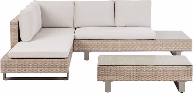 Set di divani da giardino Beliani a forma di L con 5 posti, in polyrattan e cuscini bianchi con tavolino da caffè in vetro