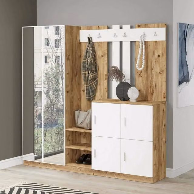 Mobile da ingresso Artin DMORA, composizione multifunzione con appendiabiti e portaoggetti, L: 187.2 cm, H: 180 cm, P: 37.5 cm, Quercia e Bianco