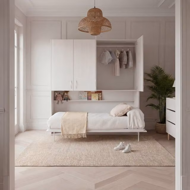 Letto a scomparsa con contenitore Banak per cameretta bambini in legno ingegnerizzato, disponibile in bianco, grigio o rosa