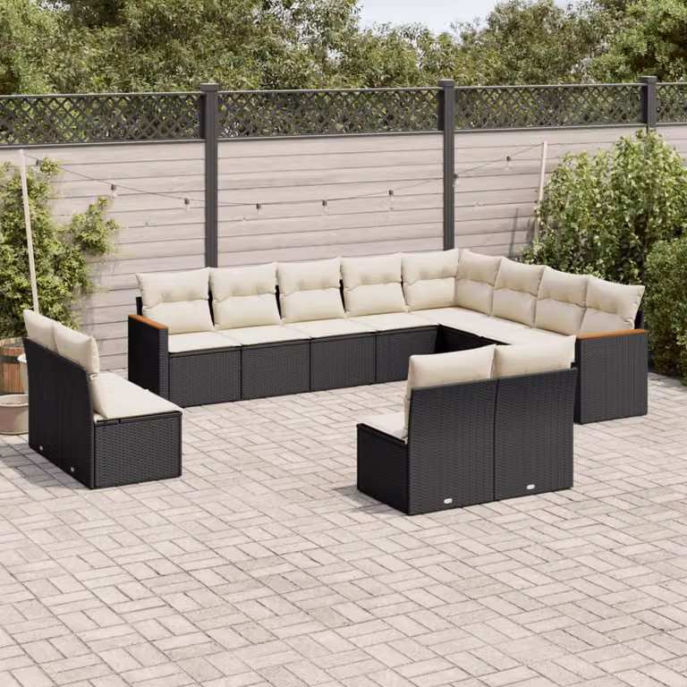 Set di Divani da Giardino vidaXL a Forma di U con Cuscini, Struttura in Metallo e Polyrattan Nero