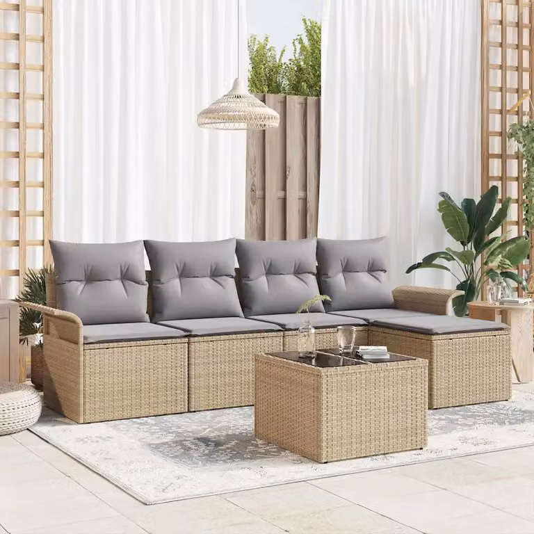 Set da giardino vidaXL composto da 6 pezzi in polyrattan beige con cuscini e pouf per esterno