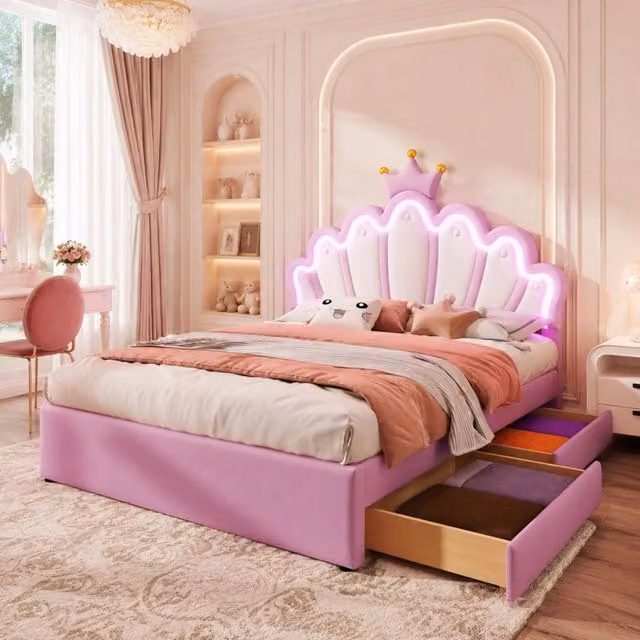 Letto imbottito per bambini 140 × 200 cm con 2 cassetti illuminazione LED regolabile testiera inclinabile PU rosa