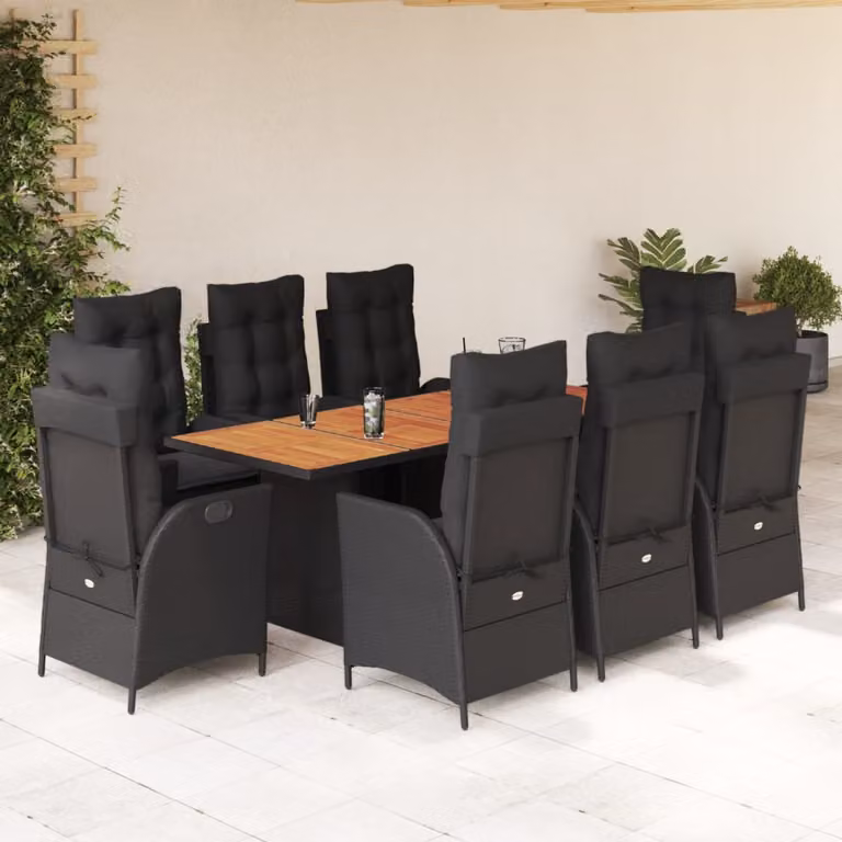 Set da pranzo da giardino vidaXL in polyrattan e legno di acacia nero con 9 pezzi