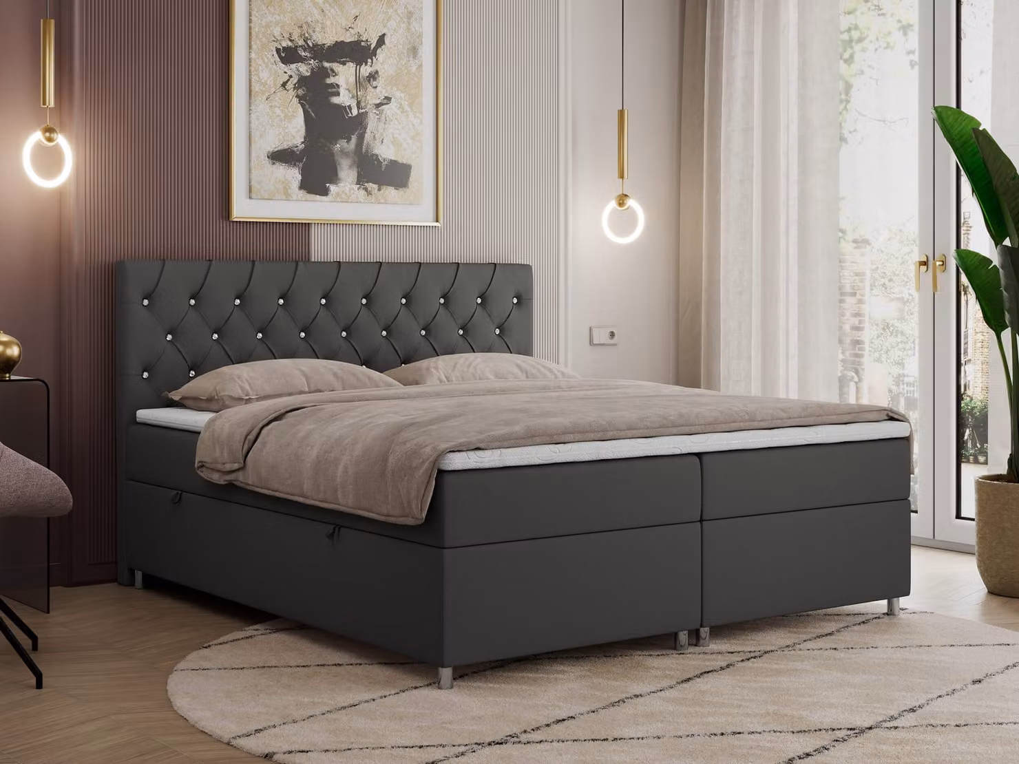 Letto boxspring 180x200 con contenitore, letto boxspring 180x200 con materasso, letto matrimoniale con materasso e topper - Letto imbottito con testiera - ROMA - 180x200 - Grigio scuro - Ecopelle - H4