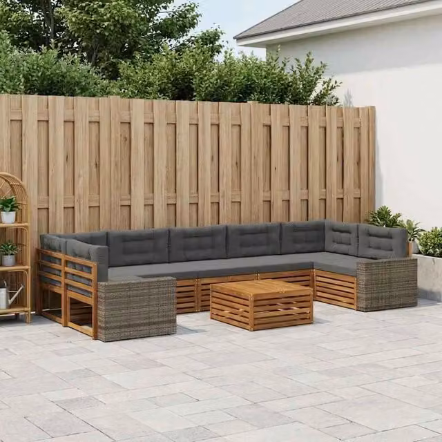 Set di divani da esterno vidaXL a forma di L con tavolo da caffè, in legno di acacia e tessuto beige e antracite, composto da 8 pezzi – 1