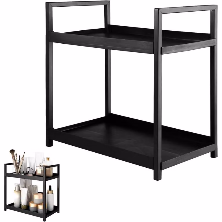 Organizzatore da bagno a 2 ripiani, colore nero, dimensioni 30x17x30 cm, realizzato Acciaio al carbonio e PP (polipropilene)