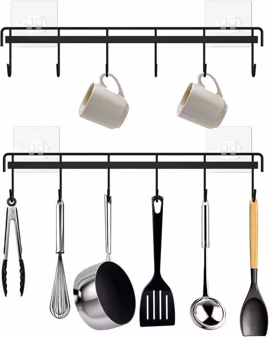 Ganci da cucina, portaposate autoadesivo, mensola da cucina da parete con 12 ganci, nero, 2 pezzi