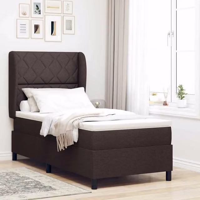 Letto a molle moderno vidaXL con testiera in tessuto marrone e struttura in legno, L/P/H: 90 x 200 cm