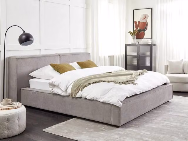 Letto matrimoniale Beliani in velluto grigio con struttura in legno di pino e doghe, stile classico, L/P/H: 160 x 200 x 242 cm – 1