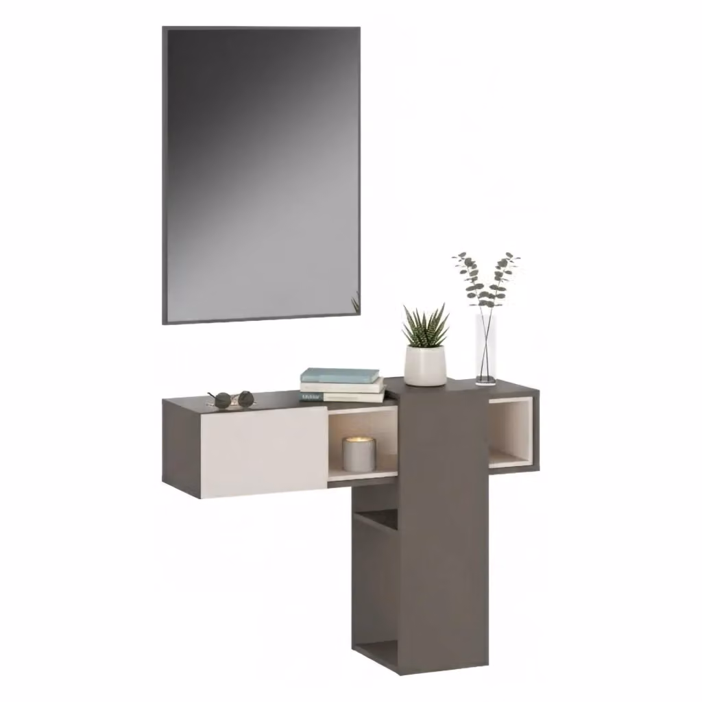 Mobile da ingresso DMORA con specchio, moderno, Grigio e Beige, L: 100 cm, P: 31 cm, H: 75 cm – 2