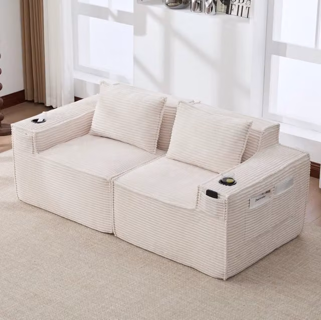 Divano modulare 2 posti 188x90x75 cm beige con portabicchieri, tessuto a coste