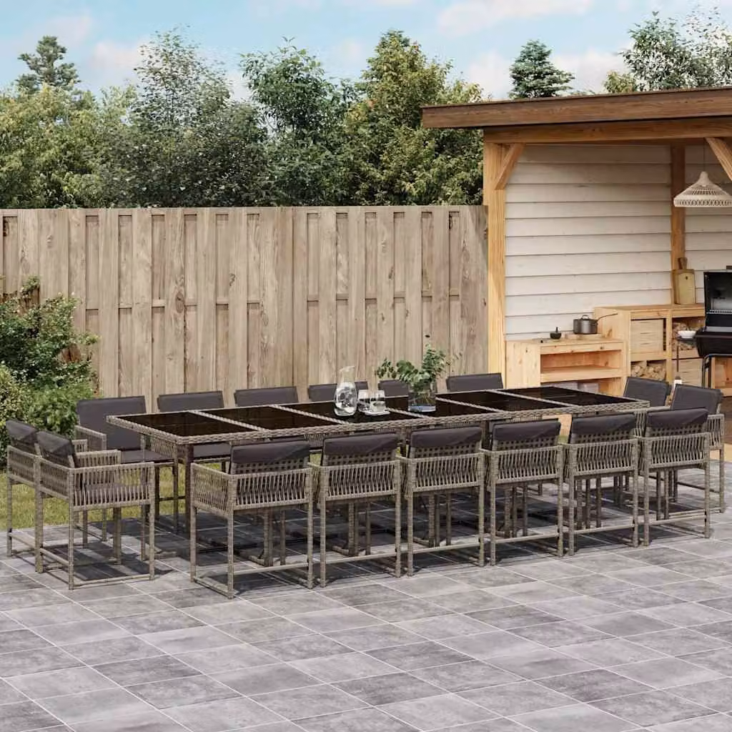 Set da Pranzo da Giardino vidaXL 17pz in Polyrattan con Cuscini e Piano in Vetro Grigio e Nero – 1