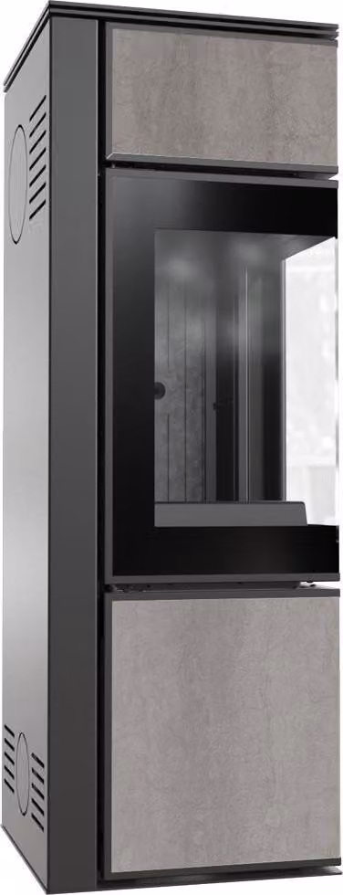 Stufa in acciaio KRATKI TORA/S 8 kW Ø 150 quarzo sinterizzato NATURALI PIETRA DI SAVOIA GRIGIA BOCCIARDATA rivestimento nero