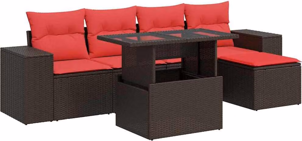 Set Divano Giardino 6 pz con Cuscini Marrone Polyrattan Acacia
