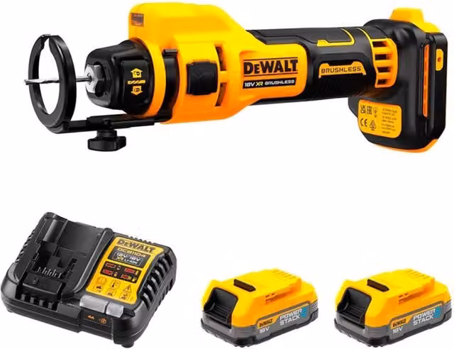 Sega da taglio per cartongesso DeWALT DCE555E2-SK gialla con 2 batterie Powerstack da 1,7 Ah e caricabatterie DCB1104