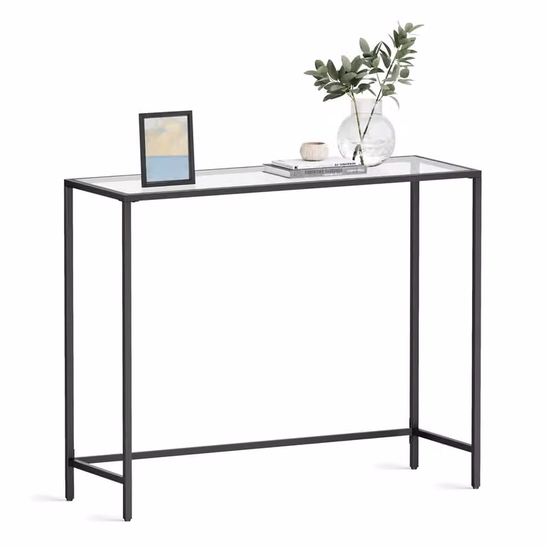 Consolle Ingresso Piano in Vetro Temperato Telaio Robusto e Stabile, Nero Inchiostro + Trasparente / 1 Tire (35P x 100L CM)