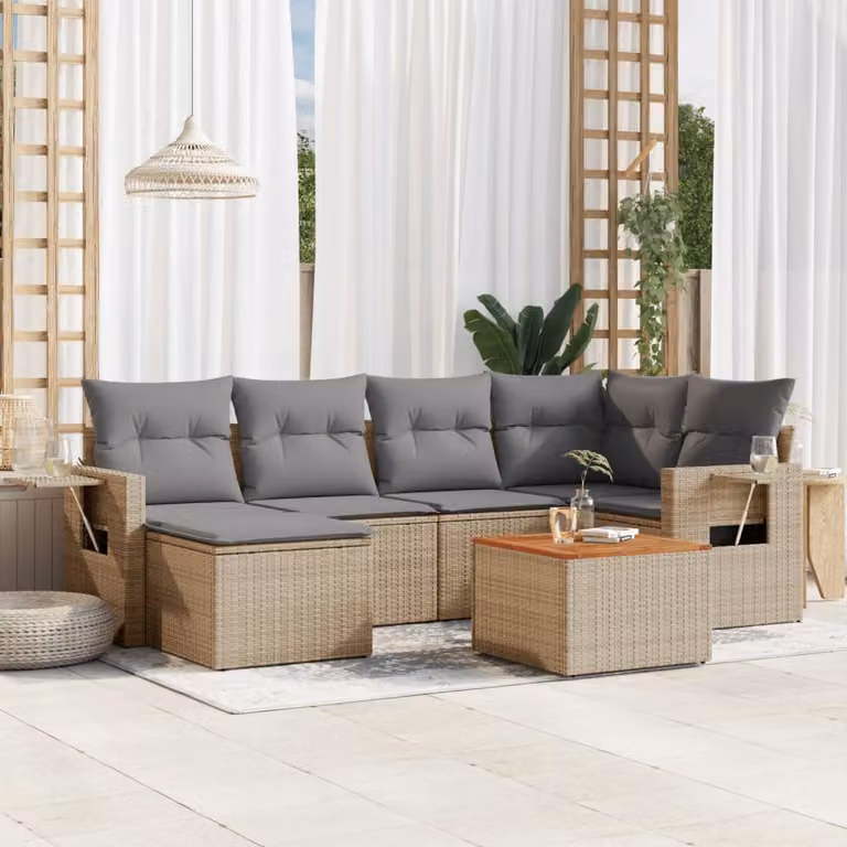 Set di divani da giardino vidaXL in polyrattan beige con 7 pezzi e cuscini imbottiti