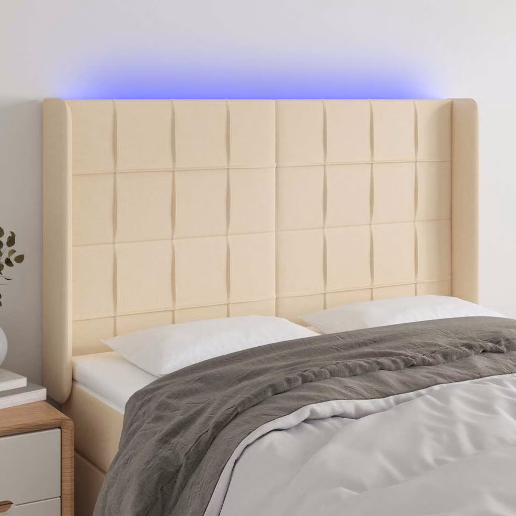 Testiera con LED e porta USB vidaXL in tessuto beige, L: 147 cm, P: 16 cm, H: 118-128 cm
