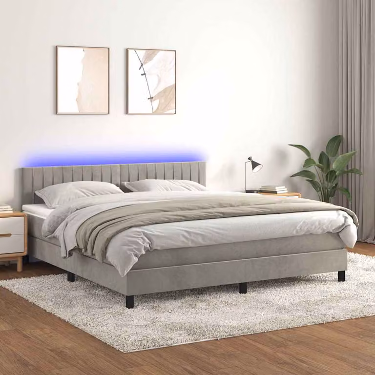 Letto Ibrido vidaXL con Materasso e Illuminazione LED in Velluto Grigio Chiaro L/P/H: 160 x 200 x 88 cm