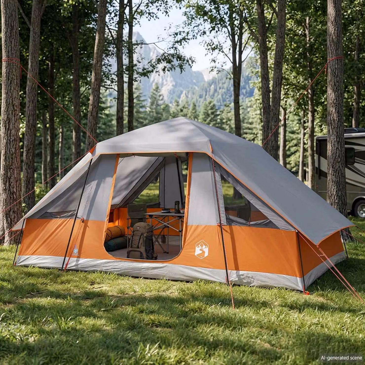 Tenda familiare vidaXL con telo da pioggia impermeabile in poliestere, grigio e arancione
