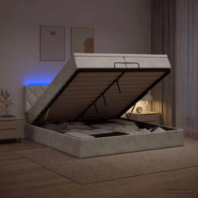 Letto Ottomano Moderno vidaXL con Materasso Ibrido, Illuminazione LED Sottostante e Porte USB, Grigio e Bianco, L: 200 cm, P: 200 cm, H: 88 cm