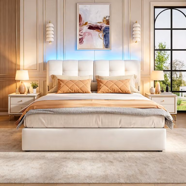 Letto matrimoniale con boxspring 160x200, con illuminazione a LED, imbottito, ideale per ragazzi, con spazio contenitore, sistema di sollevamento idraulico, letto contenitore, rivestito in velluto, color beige.