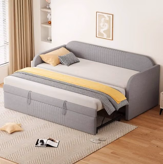 Divano letto imbottito ULEVR 90x190/180x190 cm estraibile con meccanismo idraulico e rete a doghe, grigio chiaro