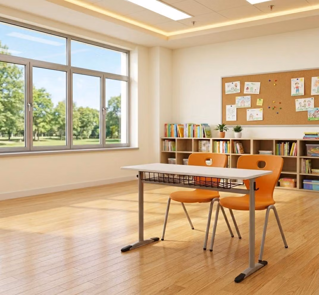 Set scolastico moderno ed ergonomico: scrivania grigia, sedia arancione a due posti