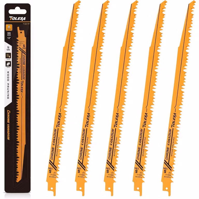 Lame per seghetto alternativo da 300 mm, 5 denti per pollice, in acciaio CRV, per legno, plastica e materiali plastici, attacco universale da 1/2 pollice