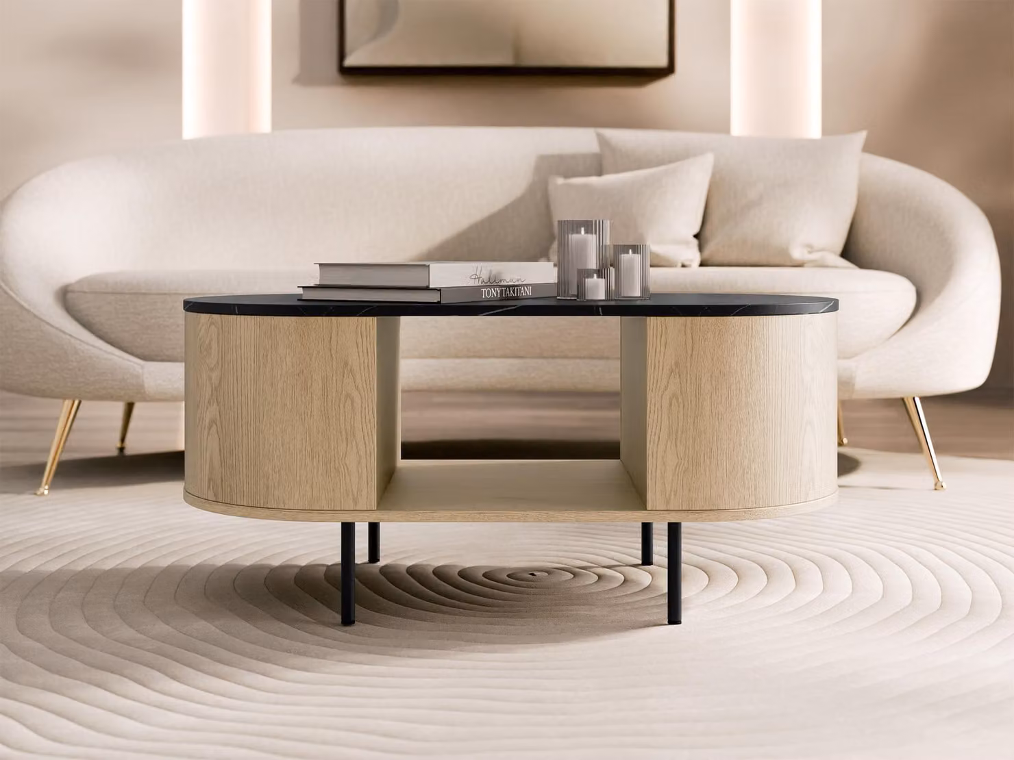 Tavolino TANGIER - rovere cremona / marmo nero / nero