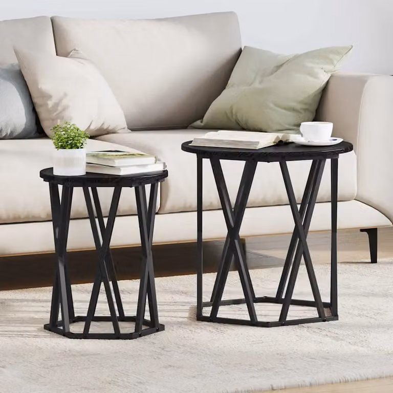 Set di 2 tavolini da salotto moderni vidaXL in legno e metallo nero, forma rotonda, finitura opaca