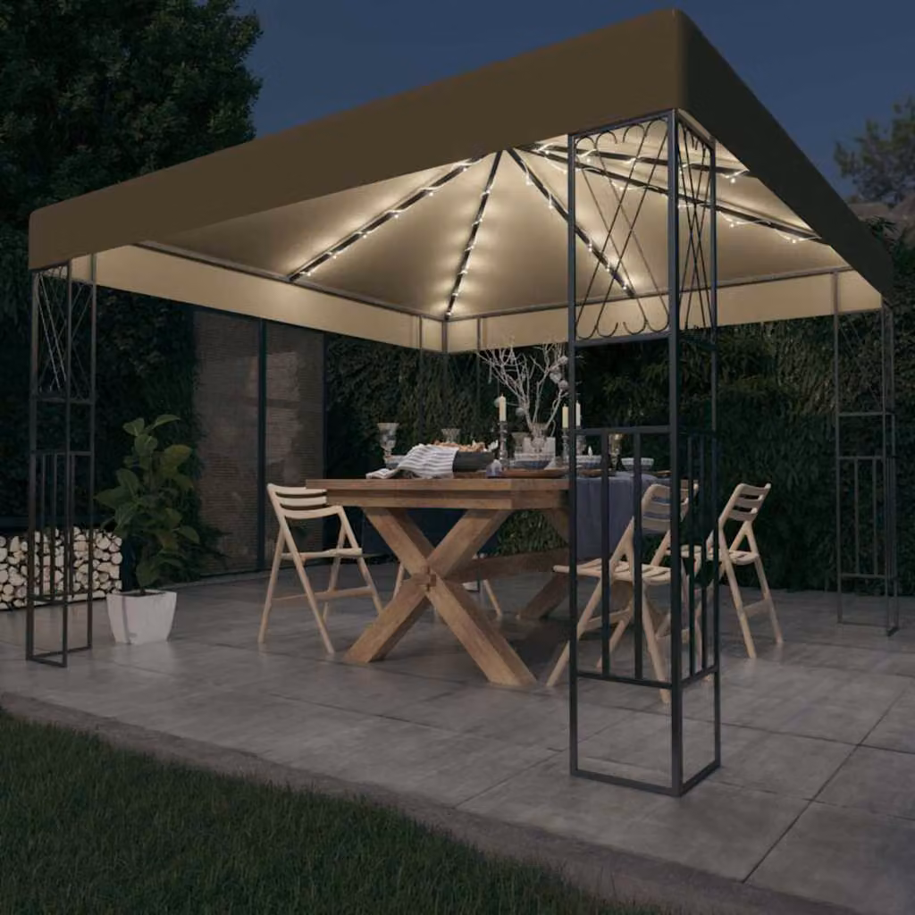 vidaXL Gazebo con Luci a Stringa LED in Tessuto Grigio Talpa, L: 300 cm, P: 300 cm, H: 260 cm
