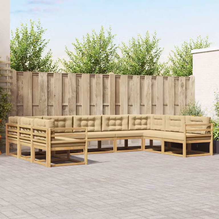 vidaXL Set di divani da esterno a forma di U composto da 9 pezzi in legno di acacia con cuscini Bianco e Beige