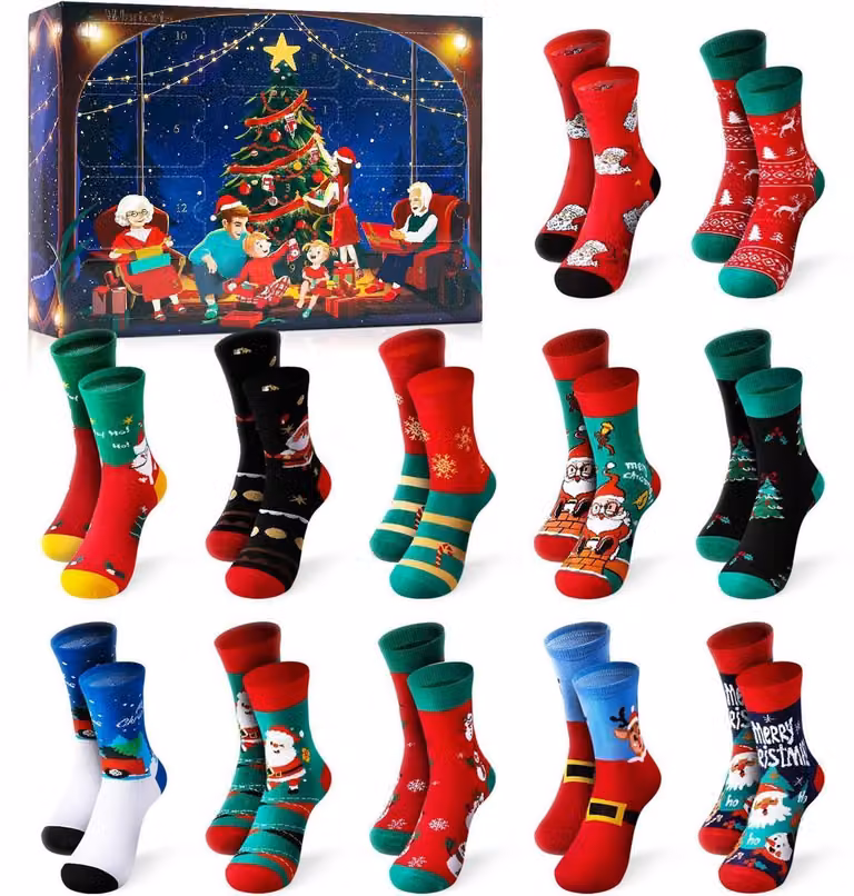Calendario dell'Avvento per calze da donna, 12 paia, in cotone, calze calde e confortevoli, ideali per l'inverno, con motivi natalizi, perfette come regalo, taglia 36-42