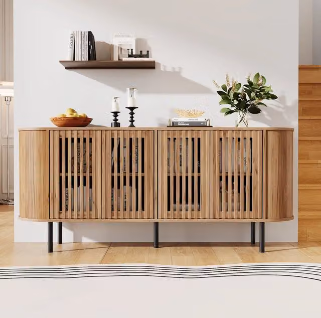 Credenza 160x40x70 cm in MDF effetto legno naturale con 4 ante scorrevoli traforate