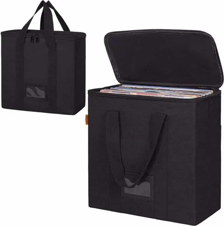Custodia per dischi in vinile con cerniera, colore nero, ideale per dischi a 33 e 45 giri, dimensioni 17 x 34 x 34 cm