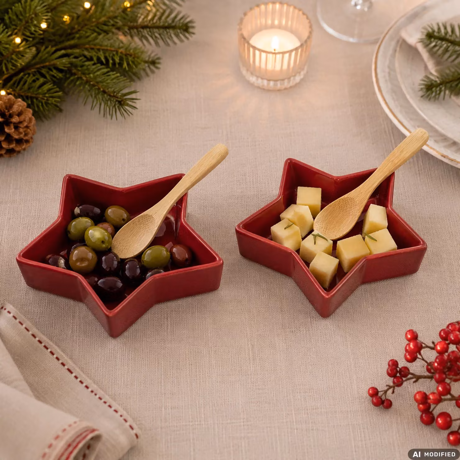 Vestiamo Casa Gran Natale - Set di 4 Ciotole in Ceramica e Cucchiai in Bamboo, Colore Rosso – 2