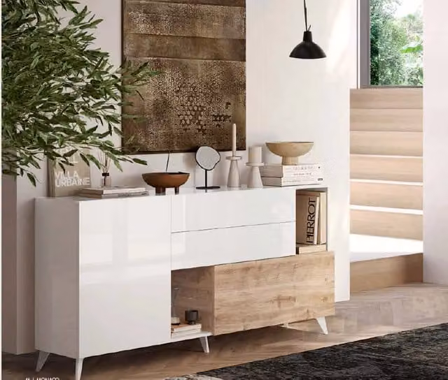 Madia Marion 240x42x94h colore bianco lucido e mercure