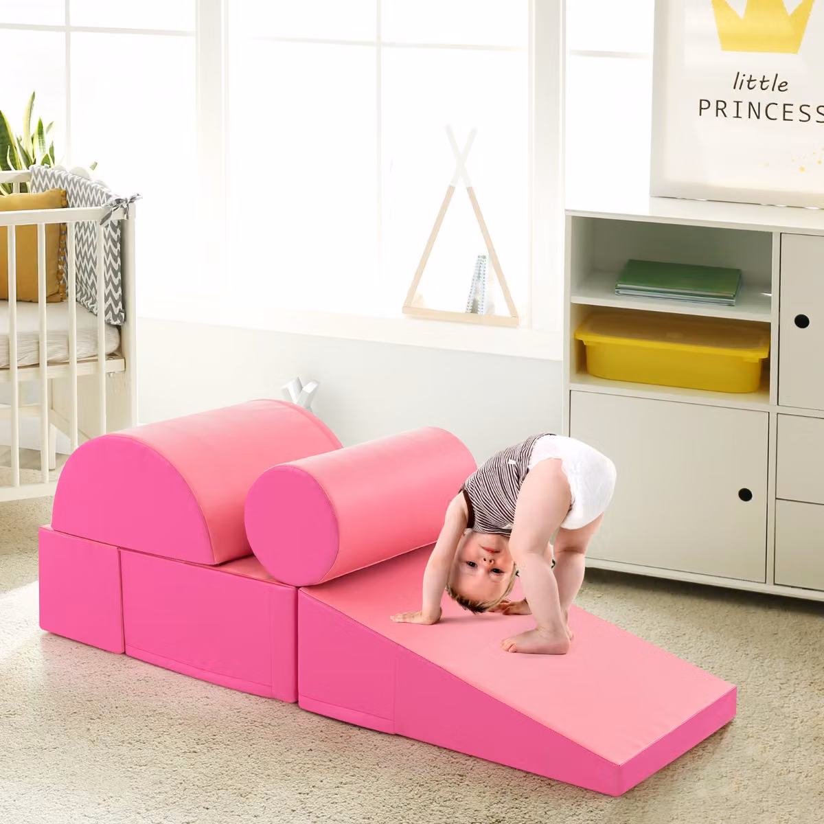 Costway Set di gioco da arrampicata per bambini in schiuma impermeabile, 5 pezzi, Rosa scuro