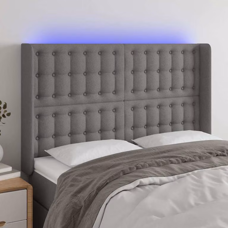 Testiera per letto vidaXL in tessuto grigio con illuminazione LED integrata e porta USB, L 147 cm x P 16 cm x H 118/128 cm