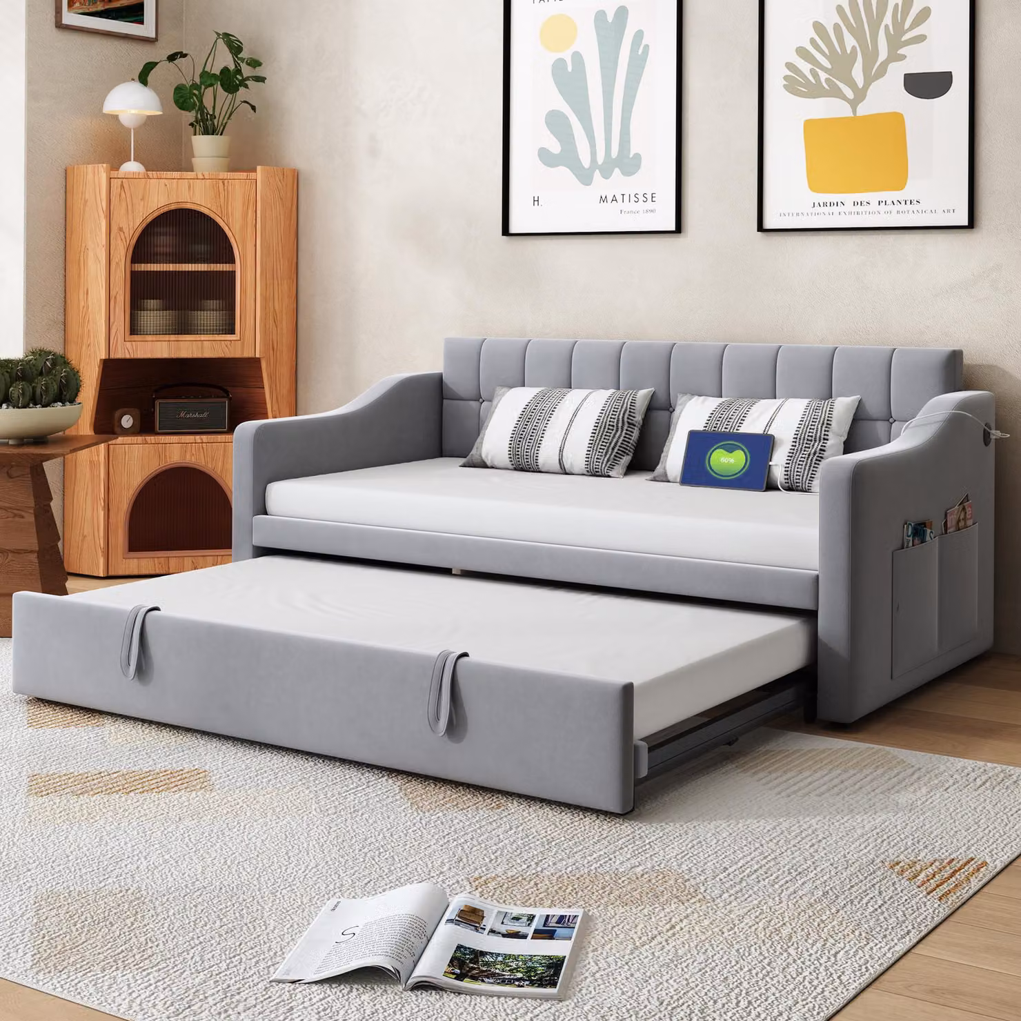 MODFU Divano letto 90x190, letto da giorno senza materasso con letto estraibile e porte di ricarica USB, letto da giorno 2in1 con tasca portaoggetti, grigio chiaro