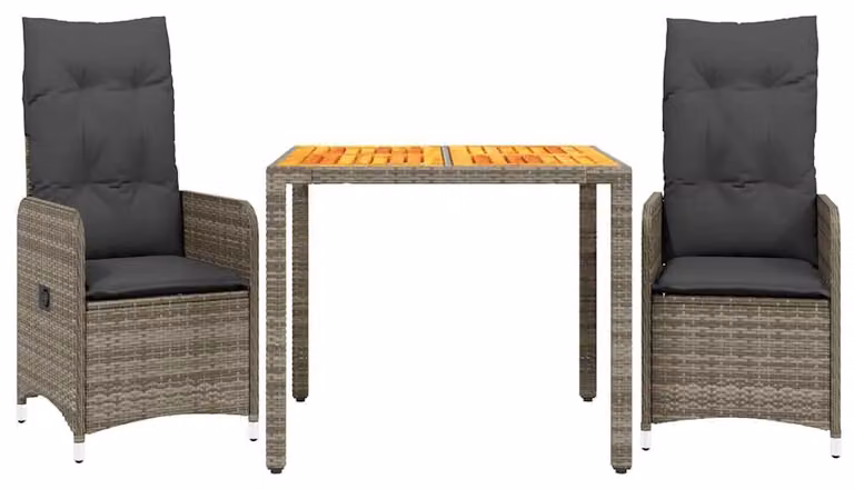 Set da bistrot 3 pezzi, grigio, in rattan sintetico - 2 posti a sedere - Include cuscini