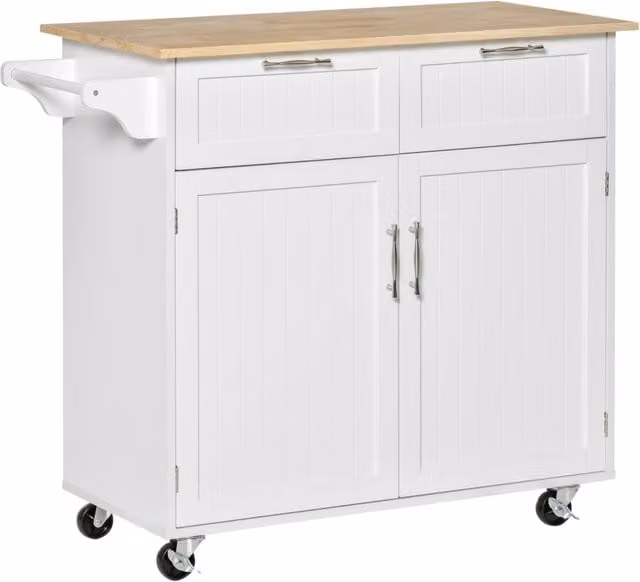 Carrello da Cucina Multiuso in Legno con 2 Cassetti, Bianco, L/P/H: 104 x 46 x 91 cm
