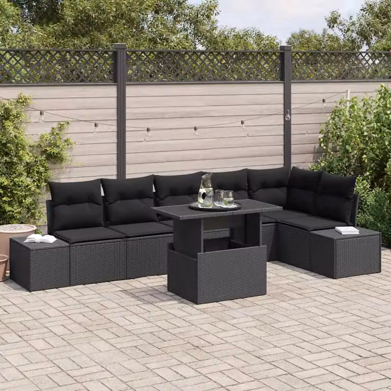 Set Divano da Giardino vidaXL 7 Pezzi L-Shape Nero con Cuscini e Contenitore per Archiviazione