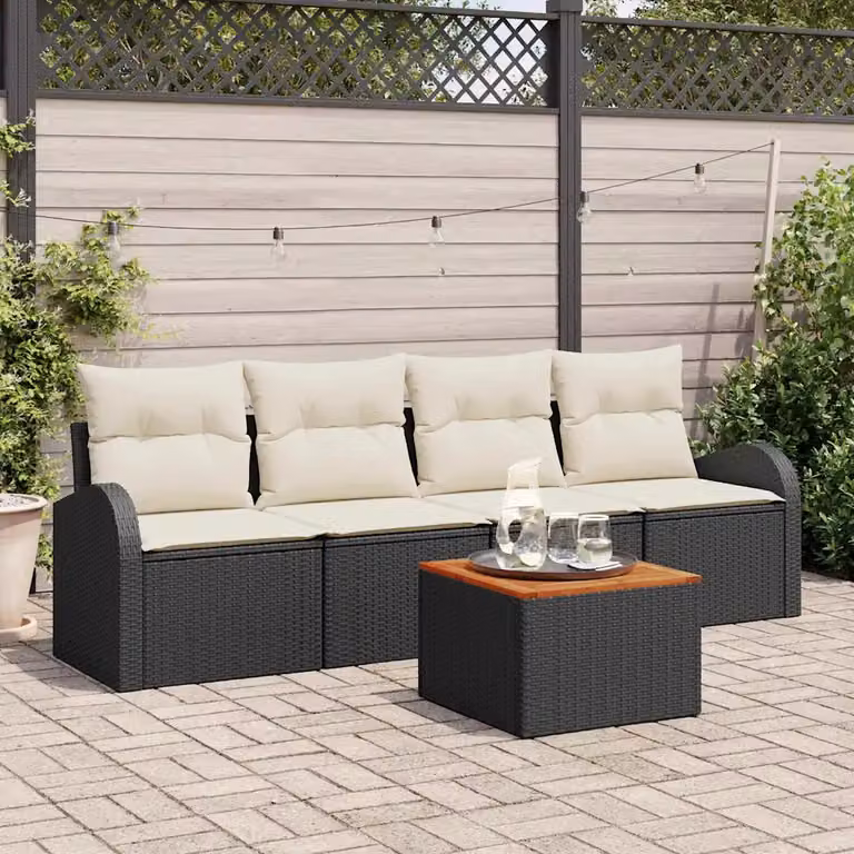Set Divano da Giardino vidaXL 5 Pezzi Nero con Cuscini e Tavolino in Metallo e Polyrattan