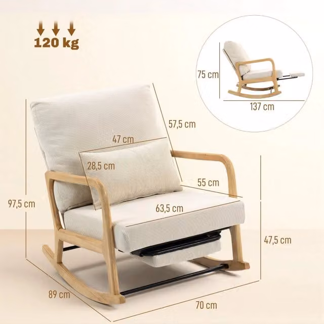Poltrona a dondolo relax OKWISH con poggiapiedi e schienale regolabile, rivestimento in tessuto beige per salotto e camera da letto