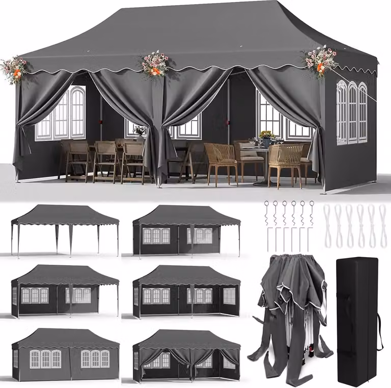 Pavillon 3x6 metri - tenda da festa pieghevole - impermeabile - resistente alle intemperie invernali - protezione solare UPF 50+ - 6 pannelli laterali rimovibili - struttura in acciaio - colore grigio